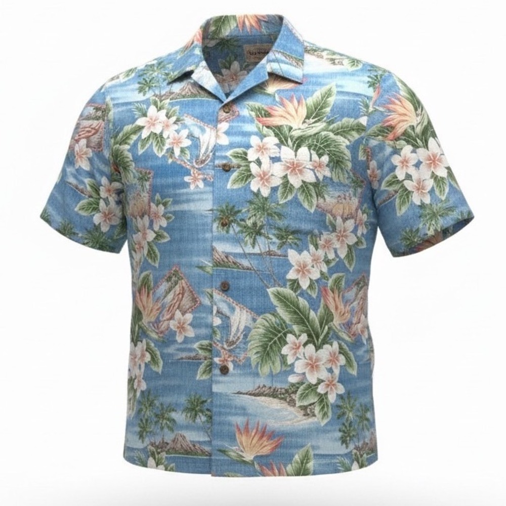 Blue Hawaii Mens XL Cotton Button Down Shirt Blue Tropical Floral Made in Hawaii